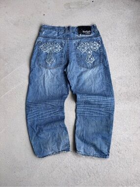 Y2K South Pole Men's Blue Washed Denim Jeans with Embroidered Cross Pockets